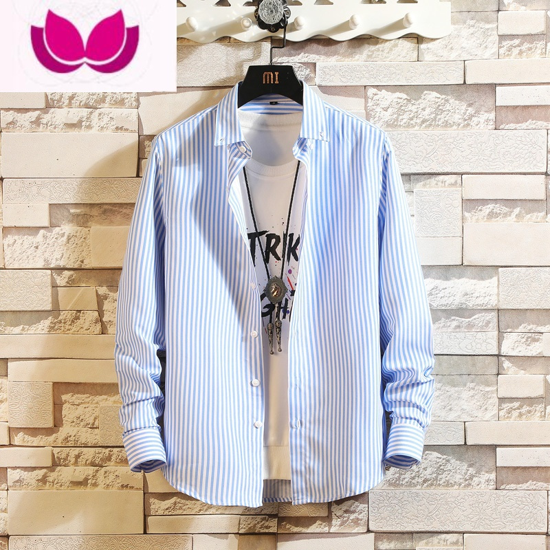 七斓男士长袖衬衫韩版潮流帅气条纹港风衬衣休闲外穿寸衫外套男