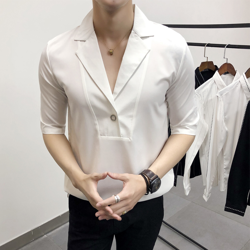 夏款男士中袖衬衫宽松个性纯色衣服潮男五分短袖衬衣7分袖寸衫