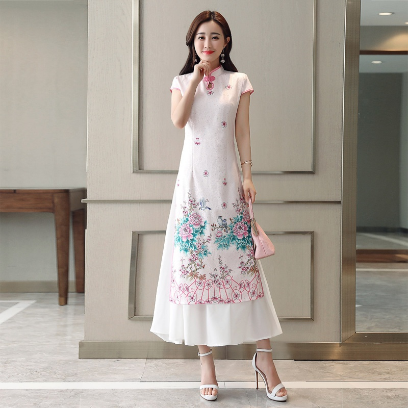 连衣裙中长款中国风改良旗袍女士夏款女装茶服民族风水墨印花旗袍