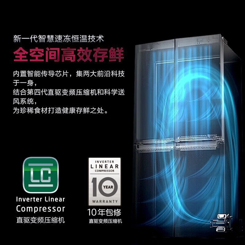 LG S651MC16 655升对开门冰箱 风冷无霜 线性节能变频 分类净味保鲜 电脑智能控温 大容量家用黑色
