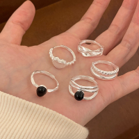 为晚纯银黑玛瑙戒指女轻奢高级感复古重工叠戴开口食指戒个性银饰 s925纯银波浪肌理戒指