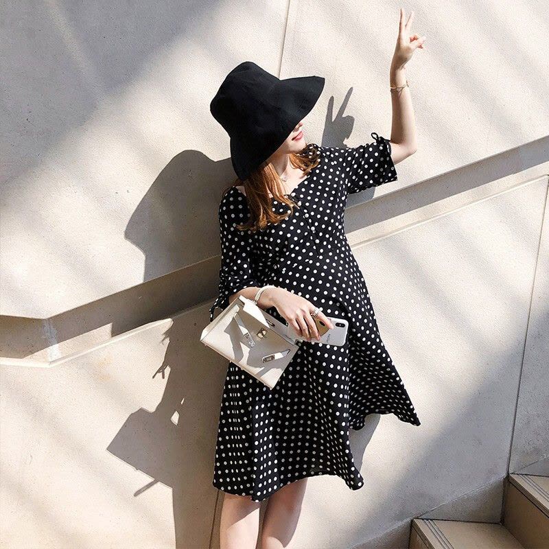 迪鲁奥(DILUAO)孕妇装夏装外出2021新款黑白风孕妇连衣裙中长款时尚潮妈孕妇裙子夏季宽松透气 黑色图片