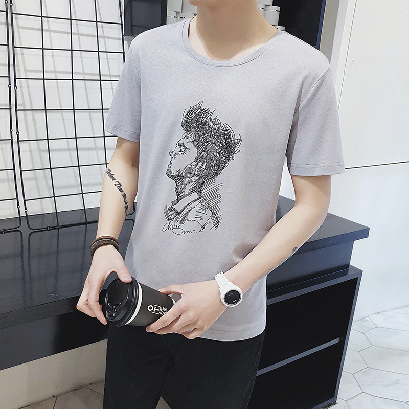 青少年文艺范抽象素描印花短袖T恤男士韩版休闲上衣2018夏款半袖