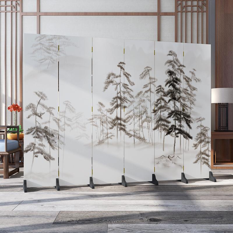 森美人北欧简约屏风隔断墙卧室遮挡家用客厅餐厅折叠移动布艺经济型折屏 浅黄色花鸟山水18