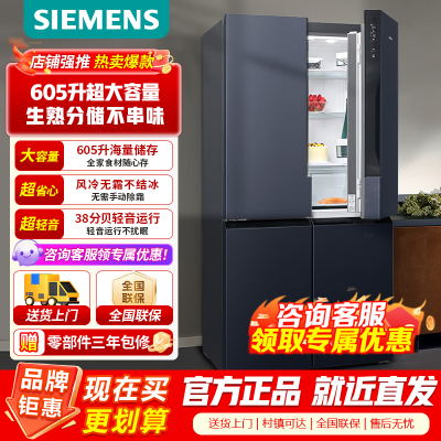 西门子（SIEMENS）605升十字四开对开门家用冰箱超大容量一级无霜冷藏保鲜大怪兽湖蕴蓝K56L56CMEC