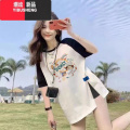 YIBUSHENG撞色插肩2024季新款短袖t恤女印花中长款T恤上衣女ins开肩 L111-125斤 双拼开叉短袖小小厨师