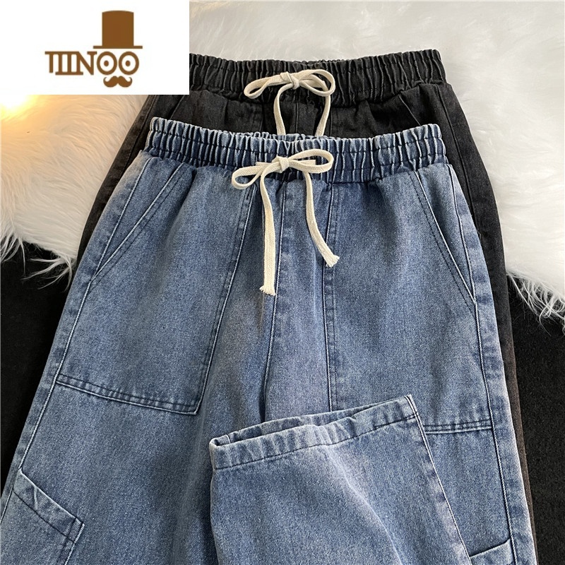 YANXU复古水洗松紧腰抽绳工装牛仔裤男士韩版宽松ins潮痞帅直筒休闲松高清大图