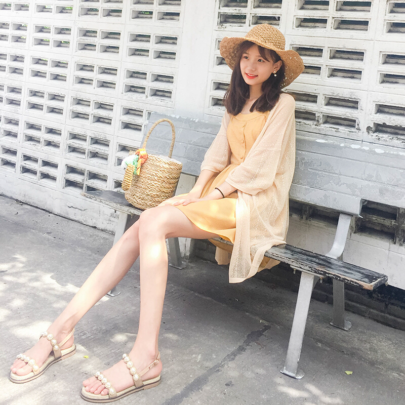 2018夏季裙子女复古无袖小清新黄色带连衣裙黄色