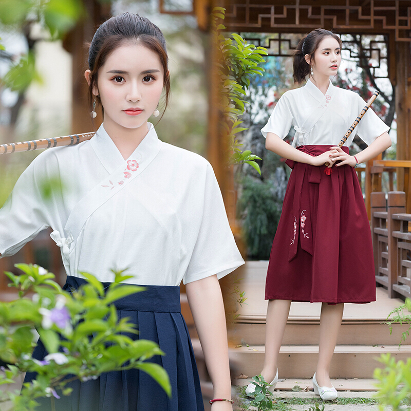改良汉服女夏装中国风学生套装古代衣服古装女交领上衣日常短裙子yy