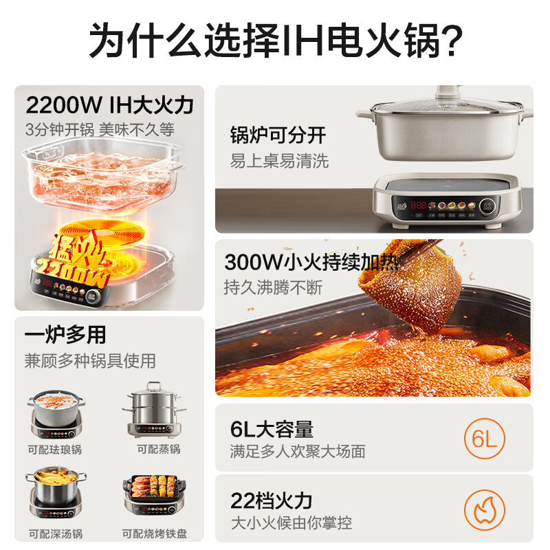 苏泊尔(SUPOR)电磁炉IH电火锅6L家用多功能电热锅2200W猛火烤涮一体火锅专用锅分体式C22-IC800高清大图