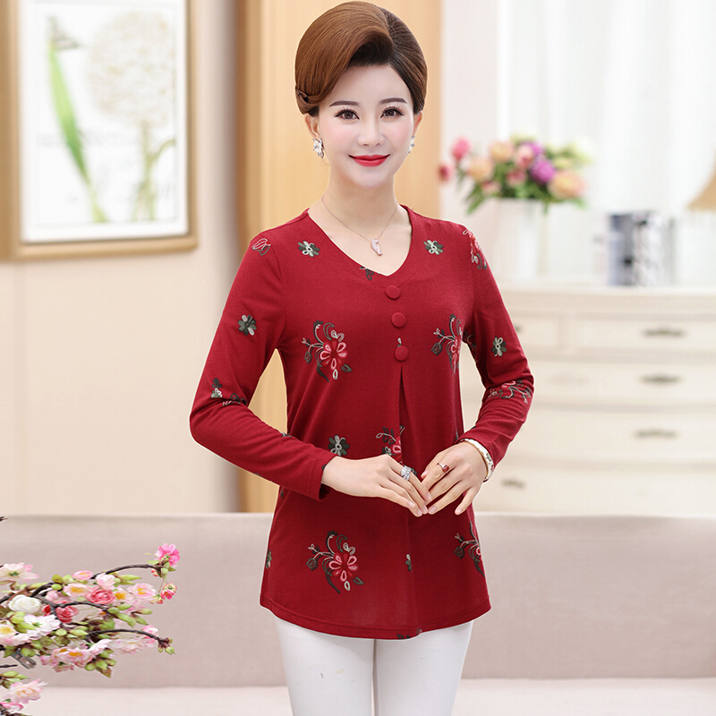中老年春装上衣40岁50中年女装t恤妈妈装春秋长袖打底衫小衫印花