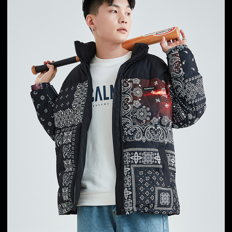 唐狮冬季新款羽绒服男立领腰果花加厚保暖羽绒服男士外套百搭