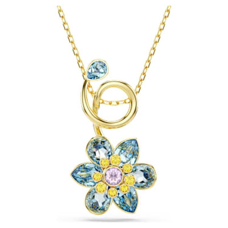 Swarovski女性时尚仿水晶花形吊坠锁骨链优雅蓝色花瓣金色镀层项链