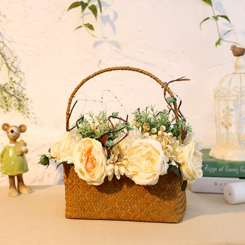 田园复古手工编织长方形天手工然编插花花篮花器收纳装饰套装编花篮