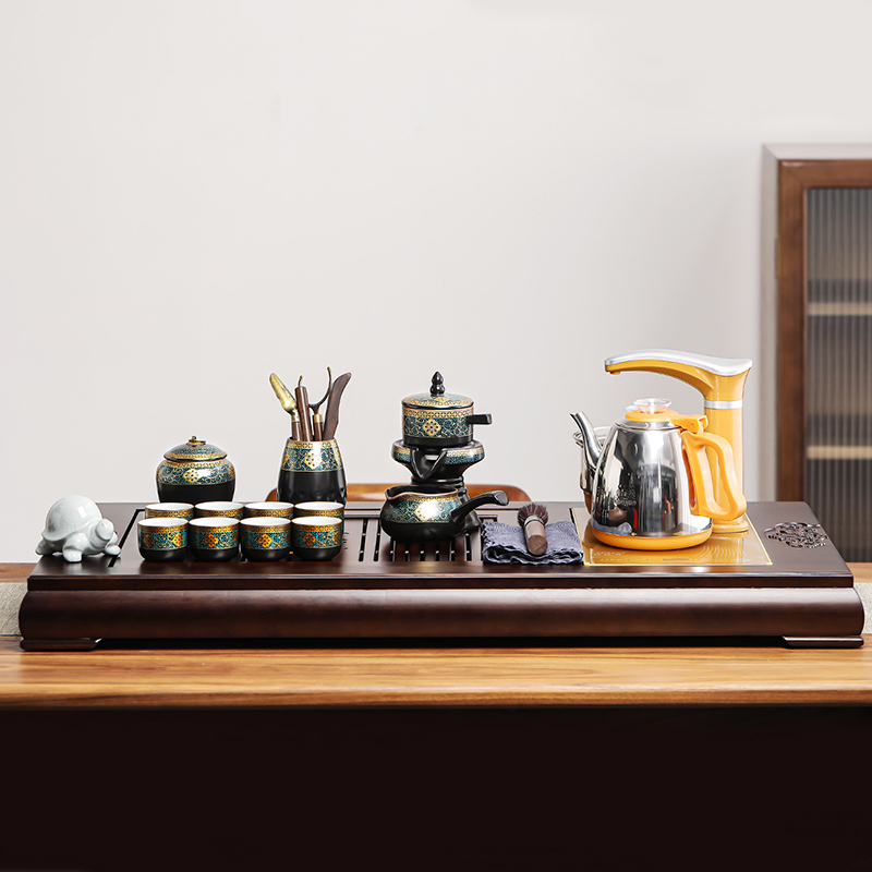 領藝 优品古韵功夫茶具套装家用办公室整套陶瓷泡茶器乌金檀木茶盘四合一