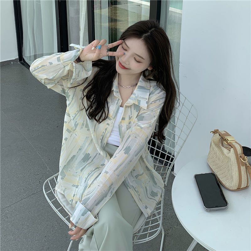 秋壳垂感衬衫女设计感小众2022夏季宽松长袖防晒衬衣雪纺碎花上衣