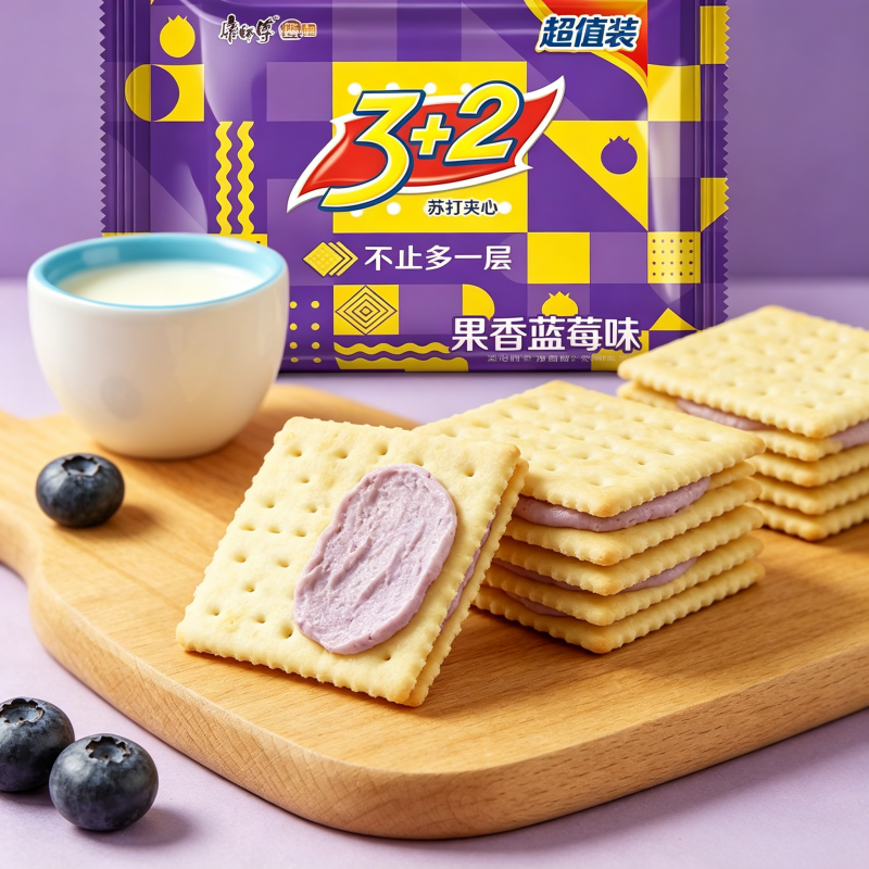 康师傅3+2苏打夹心饼干营养早餐代餐休闲零食果香蓝莓味375g*16包 整箱装高清大图