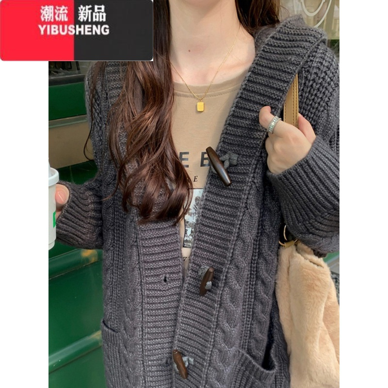 yibusheng连帽毛衣外套女开衫中长款加厚麻花针织宽松大码粗线大衣
