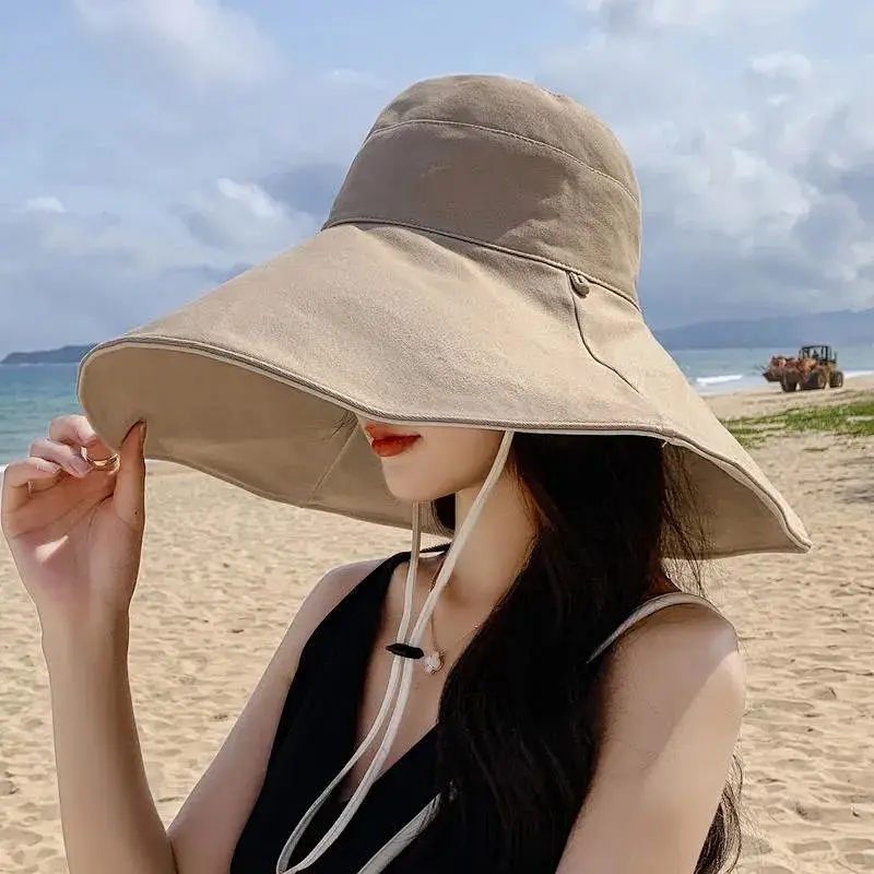 南极人帽子女夏季遮阳帽渔夫帽百搭大帽檐遮脸太阳帽防晒 卡其和米色