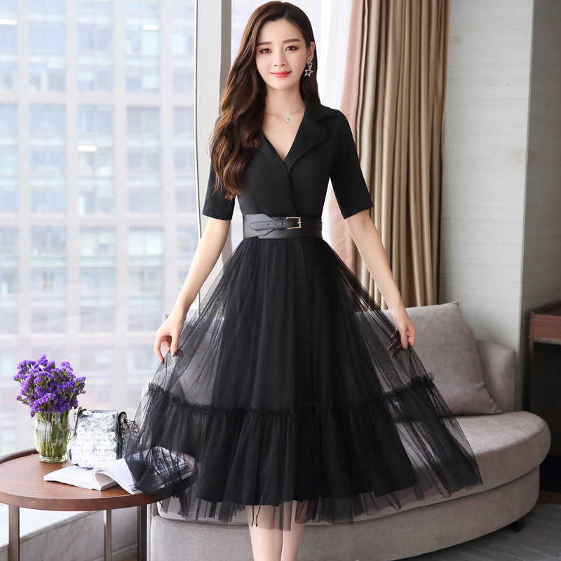 女士新品女装夏装雪纺连衣裙中长款收腰夏款气质显瘦网纱裙子潮