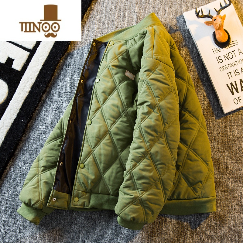 YANXUHPCP菱形格棉服男冬季加厚日系复古潮牌休闲棒球服保暖棉衣外套男 绿色 L