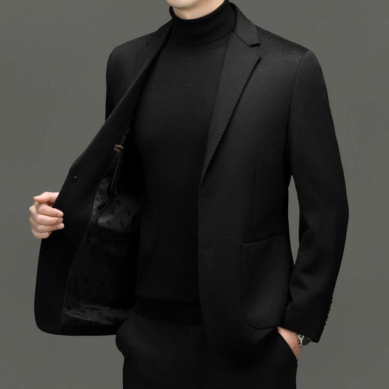 轻奢双面羊绒西服男士短款休闲毛呢商务羊毛西装便西外套秋冬高端羊绒西装男桑蚕丝毛呢便西商务休闲羊毛西服男士单西外套 63965黑色 170