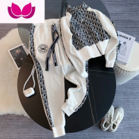 七斓盐系穿搭时髦撞色拼接休闲运动套装女款秋季立领卫衣束脚裤套 XL 白色拼接