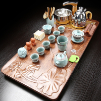 茶具套装整套功夫茶盘全自动紫砂茶壶茶道木质法耐茶台家用简约 分体柴烧马盘紫砂 7件