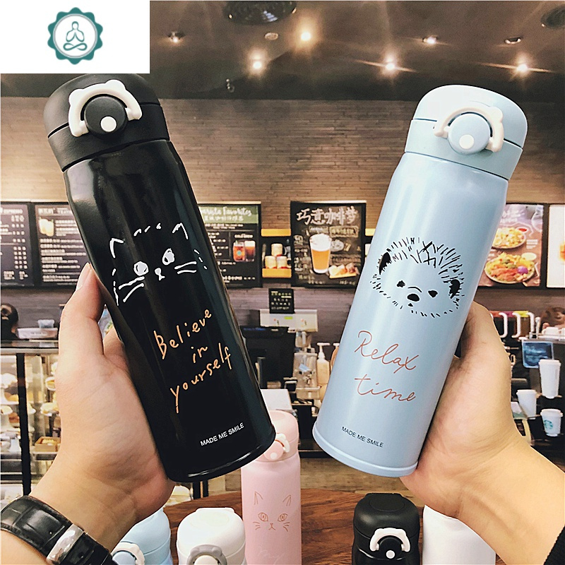 创意简约水杯卡通熊猫不锈钢保温杯男女弹盖水瓶韩版可爱学生杯子 封后 小号白色350送杯刷+杯套