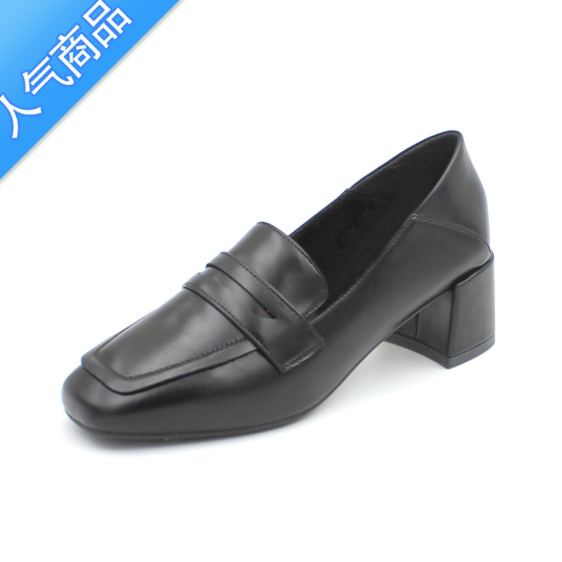 SUNTEK女乐福鞋2023年新款春秋季高跟方头一脚蹬中跟英伦粗跟单鞋小皮鞋高清大图