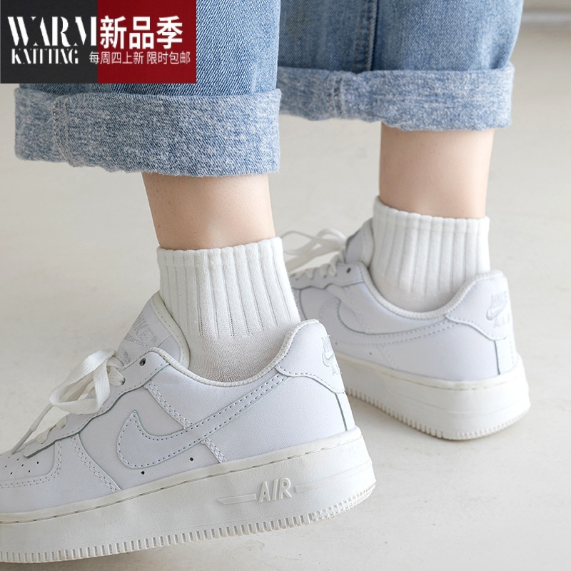 shanchao白色袜子女短筒夏季薄款ins潮纯色中筒夏天运动黑色短袜