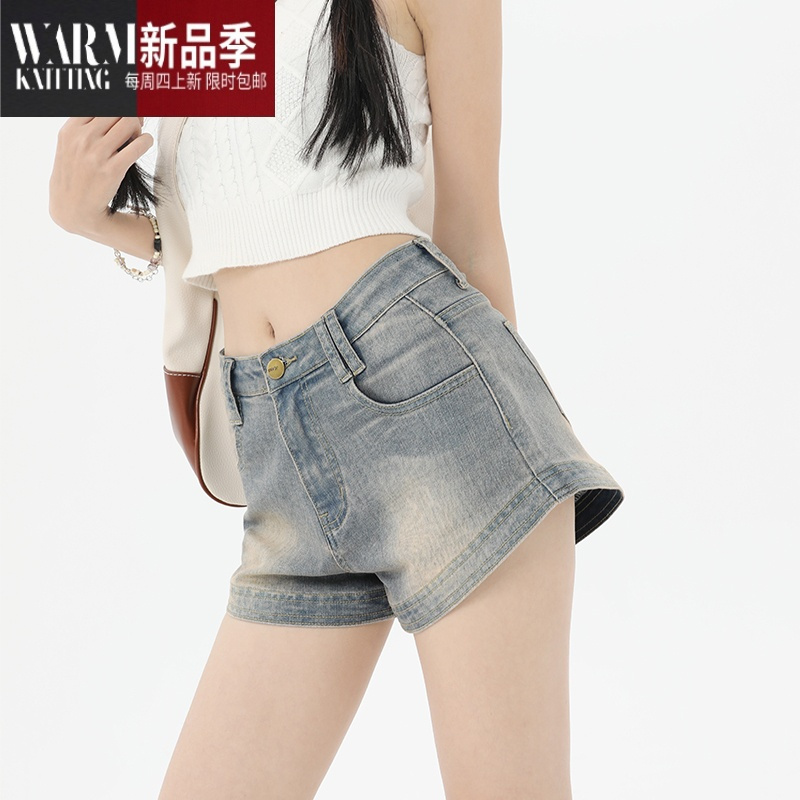 SHANCHAO2023夏季新款复古弹力美式性感辣妹包臀显瘦做旧牛仔短裤女