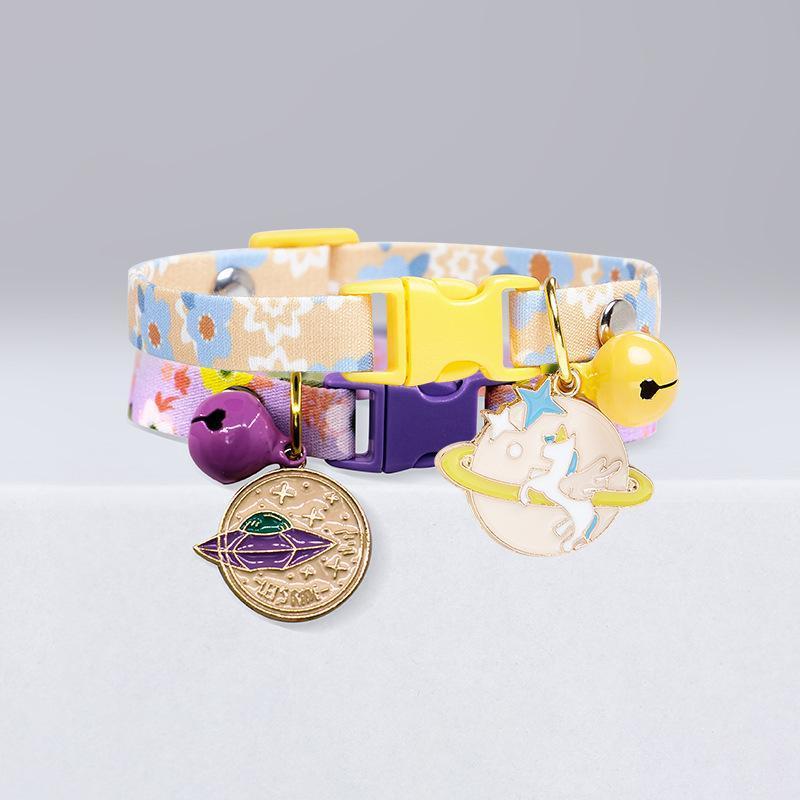 黄蓝色花花项圈+黄色独角兽牌子 XS(15-20CM)4斤以内 可爱猫咪项圈彩虹无声铃铛猫猫脖圈小猫宠物饰品编织猫颈幼猫