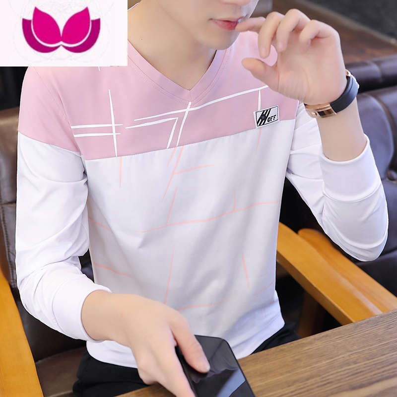 七斓2023春季新款韩版v领男士长袖T恤修身春装ins打底衫潮流衣服