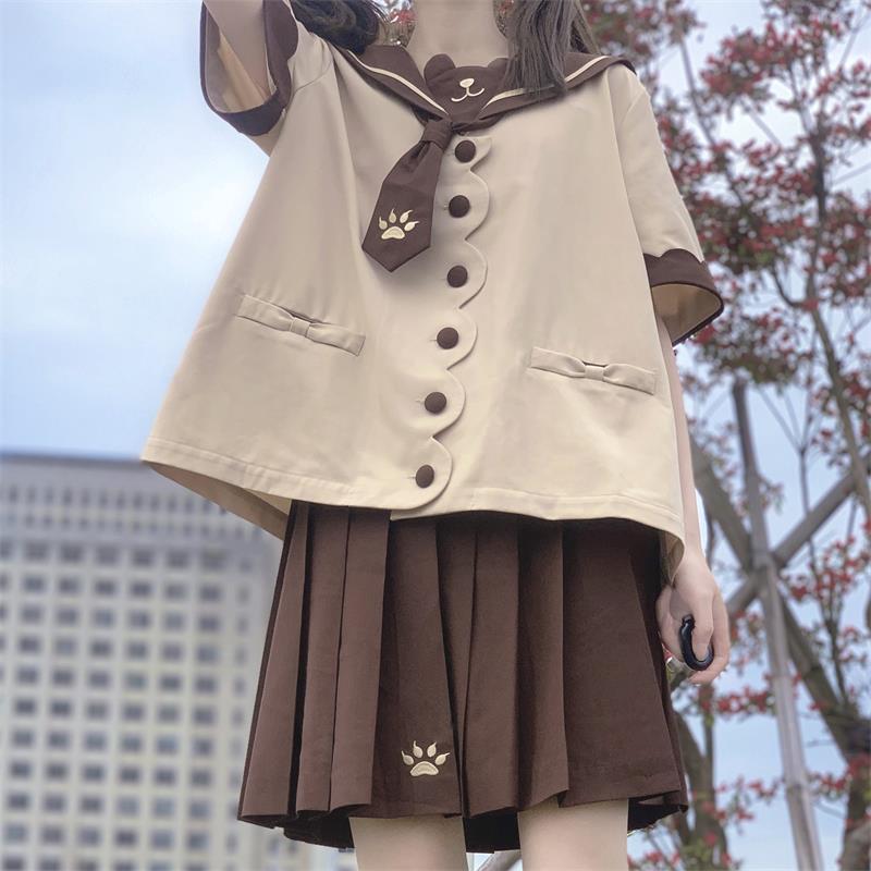 日系JK制服裙喵熊乐园幼稚园春夏短袖长袖套装学生装班服校服套装 咖啡+短袖套装 S