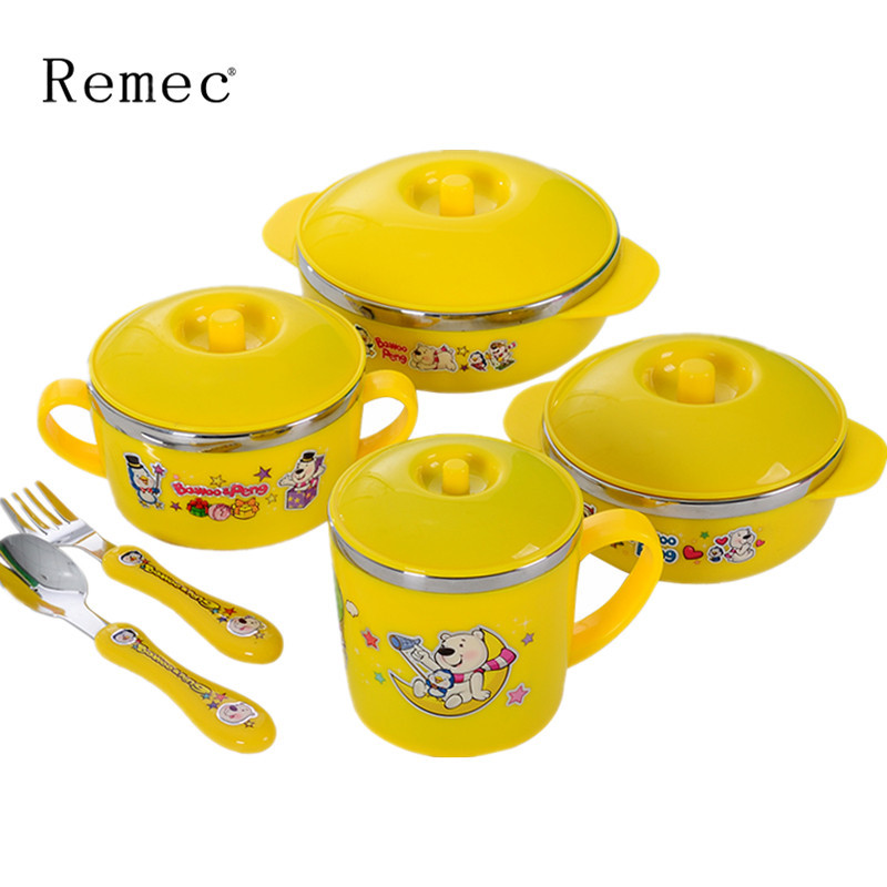 金禹瑞美(Remec)套装 304卡通六件套隔热耐摔餐具(橘)儿童餐具 不锈钢餐具 儿童碗 儿童餐具不锈钢 儿童碗筷