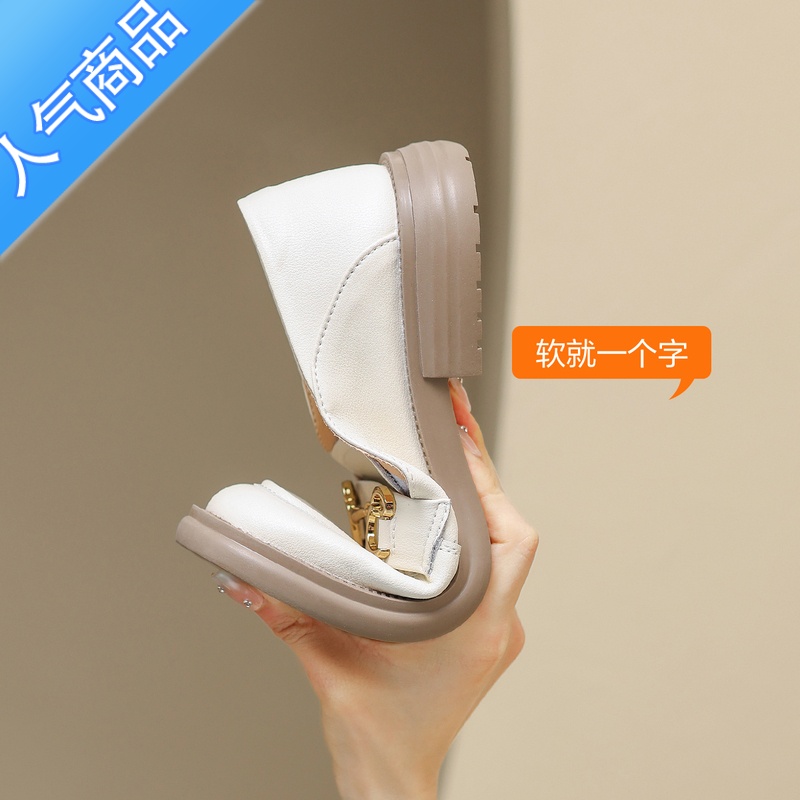 SUNTEK法式低跟单鞋女2023夏季新款凉鞋乐福鞋一脚蹬黑色小皮鞋高清大图