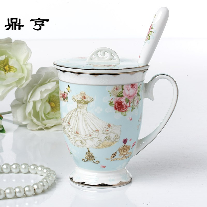 鼎亨田园陶瓷马克杯带盖勺咖啡杯骨瓷创意水杯牛奶杯子简约情侣水