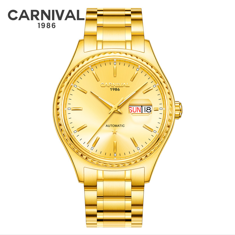 瑞士品牌嘉年华carnival时尚金色男士手表全金自动机械表 男表双日历