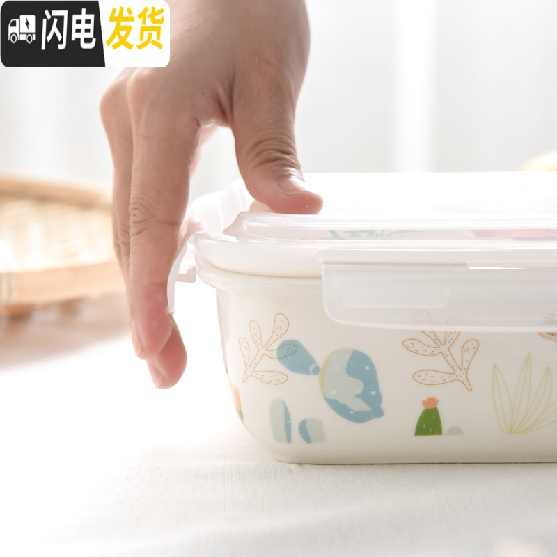 三维工匠陶瓷饭盒学生上班族带饭分格分隔型微波炉加热带盖便当盒餐盒套装 B两格盒+勺筷盒+蓝袋/熊猫四面扣