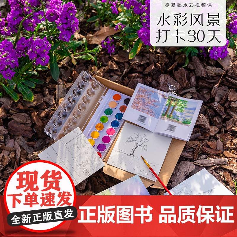 [正版]水彩风景打卡30天:零基础水彩视频课 成人初学者入门到精通自学绘画技法 水彩风景基本技法唯美成人绘本水彩教程书籍高清大图