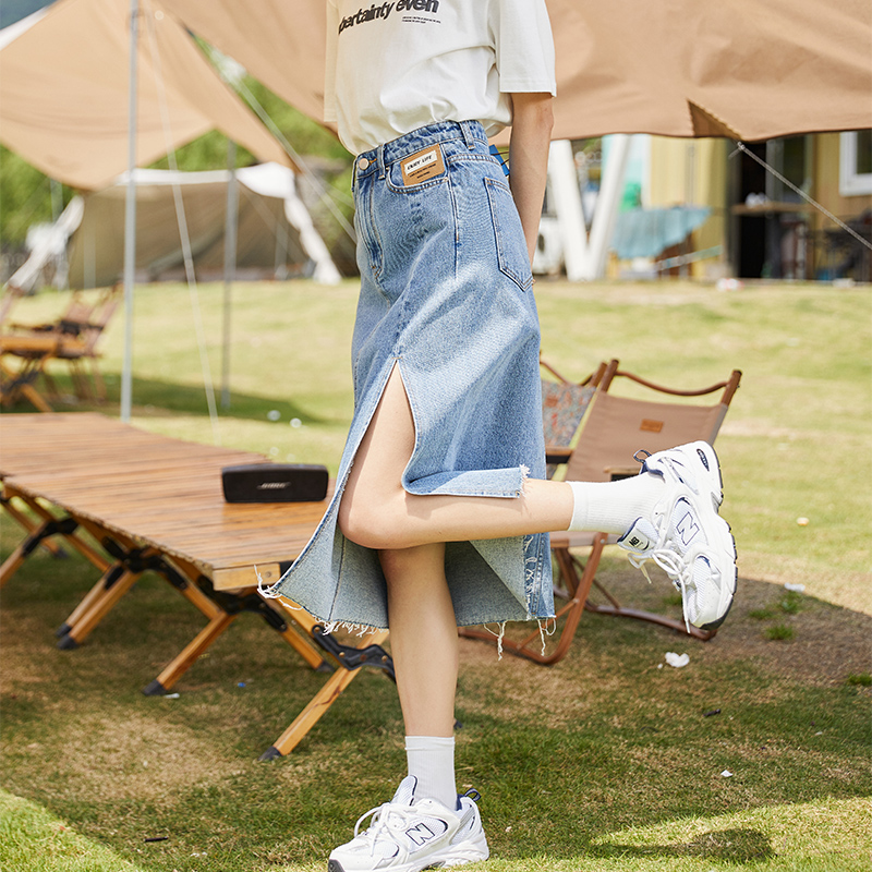 [2.5折价99元]春夏心机开叉牛仔半身裙女唐狮新款慵懒风一步裙中长款a字裙