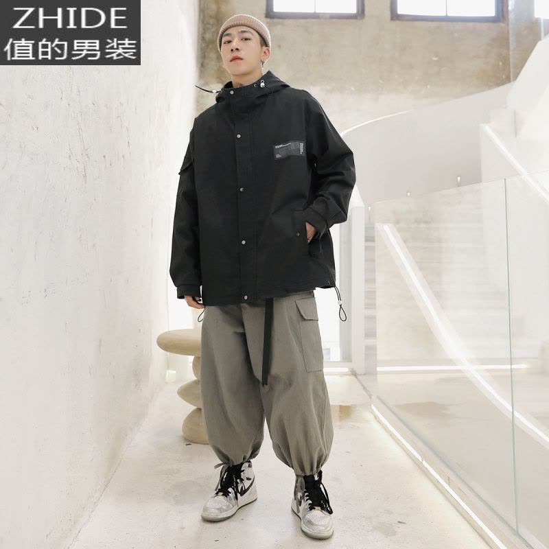 SUNTEK工装夹克男加肥加大码潮牌胖子连帽外套宽松上衣服春秋款日系复古夹克图片