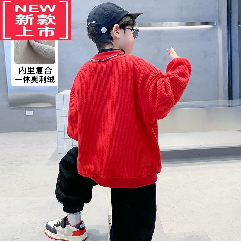 可莉允男童冬装拜年服儿童加绒毛衣2023兔年本命年衣服冬季毛衣加厚红色图片