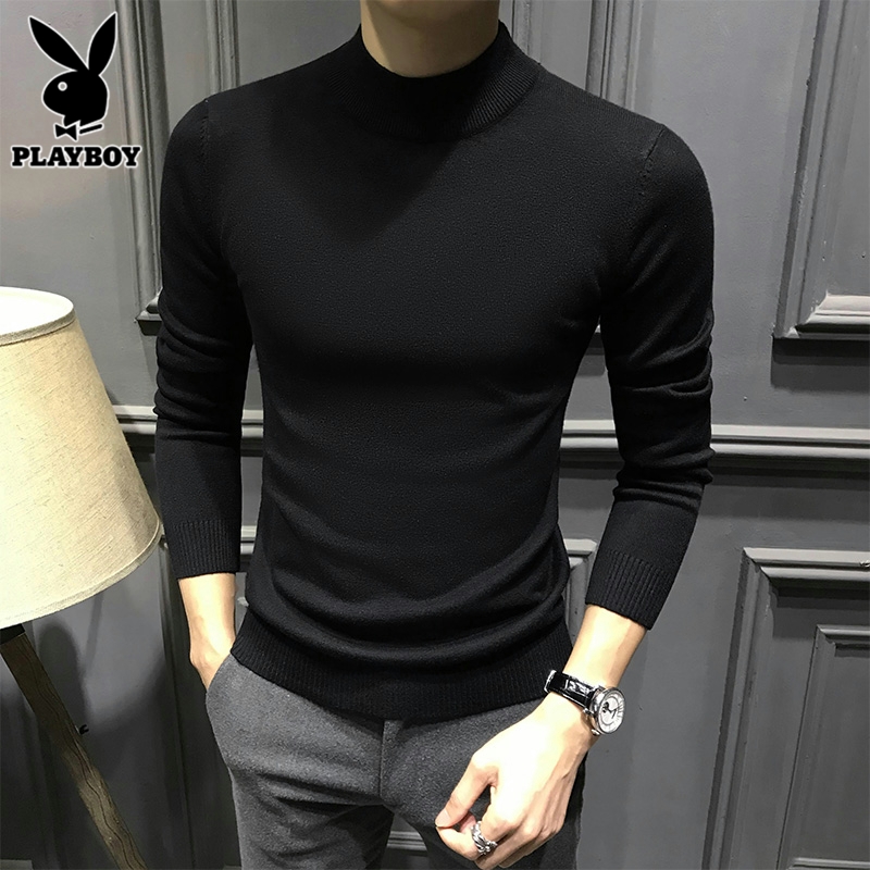 花花公子半高领毛衣男士内搭打底衫线衣春季新款修身纯色针织衫男