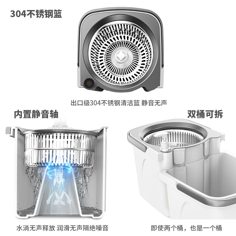 丽佳邦懒人家用拖地神器分体式免手洗拖布桶全钢金属篮吸水旋转拖把 旋转拖把套装[含2布头]高清大图