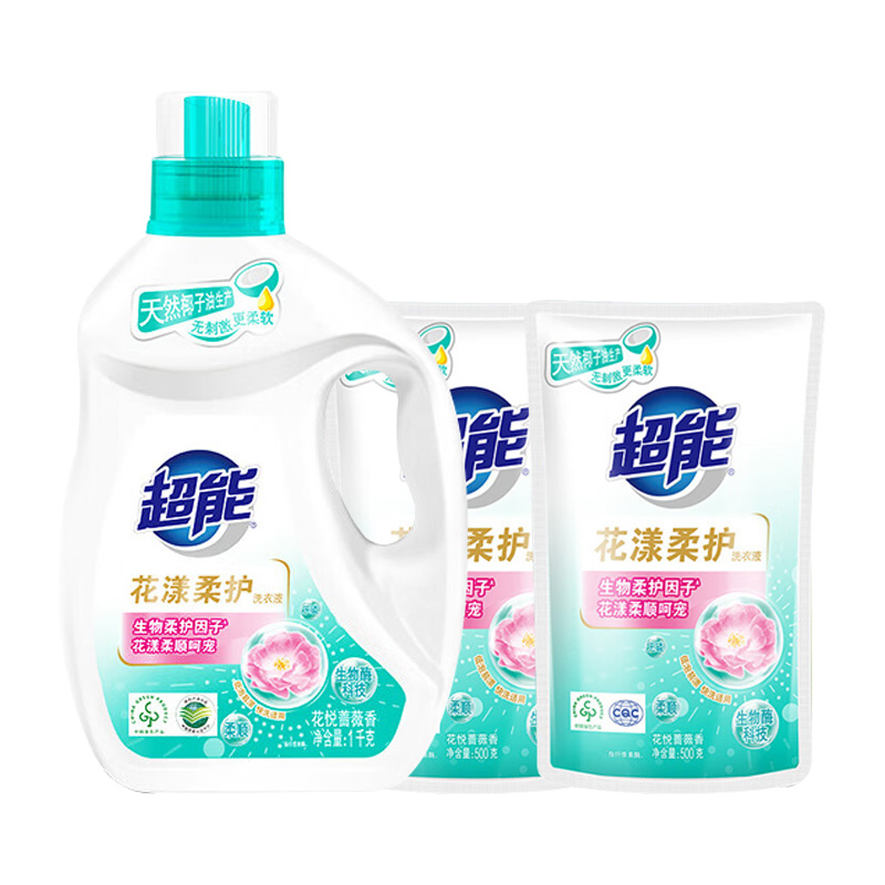 超能洗衣液洁净花漾柔护1kg+500g*2袋补充装(包装随机)