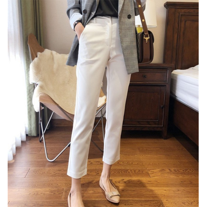 艳如飞白色高端西装裤女修身九分裤高腰显瘦休闲烟管裤四面弹女裤休闲裤