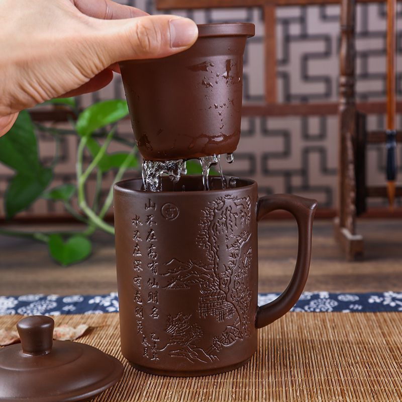 紫砂茶杯男带盖过滤内胆泡茶杯陶瓷茶杯办公杯水杯紫砂杯仿古茶杯