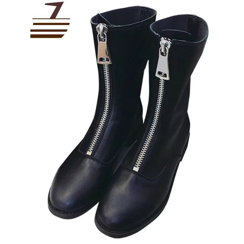 尗卡马丁靴女英伦风guidi前拉链短靴新款韩版百搭学生粗跟平底靴女士